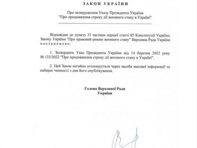 До парламенту внесено законопроєкт про продовження режиму воєнного стану ще на 30 днів  