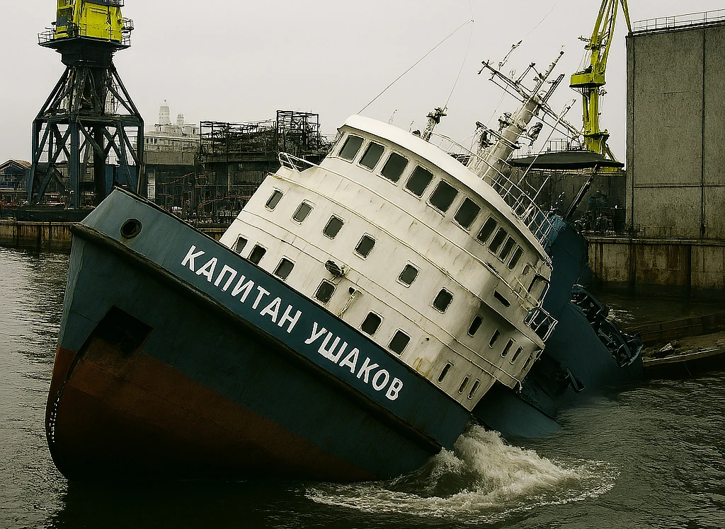 От така невдача спіткала російських корабелів та їхній буксир «Капітан Ушаков» після невдалих маневрів російських корабелів у порту Санкт-Петербурга. Зображення створене з використанням елементів ШІ