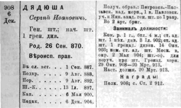 Послужний список Сергія Дядюші станом на 1 березня 1914 року