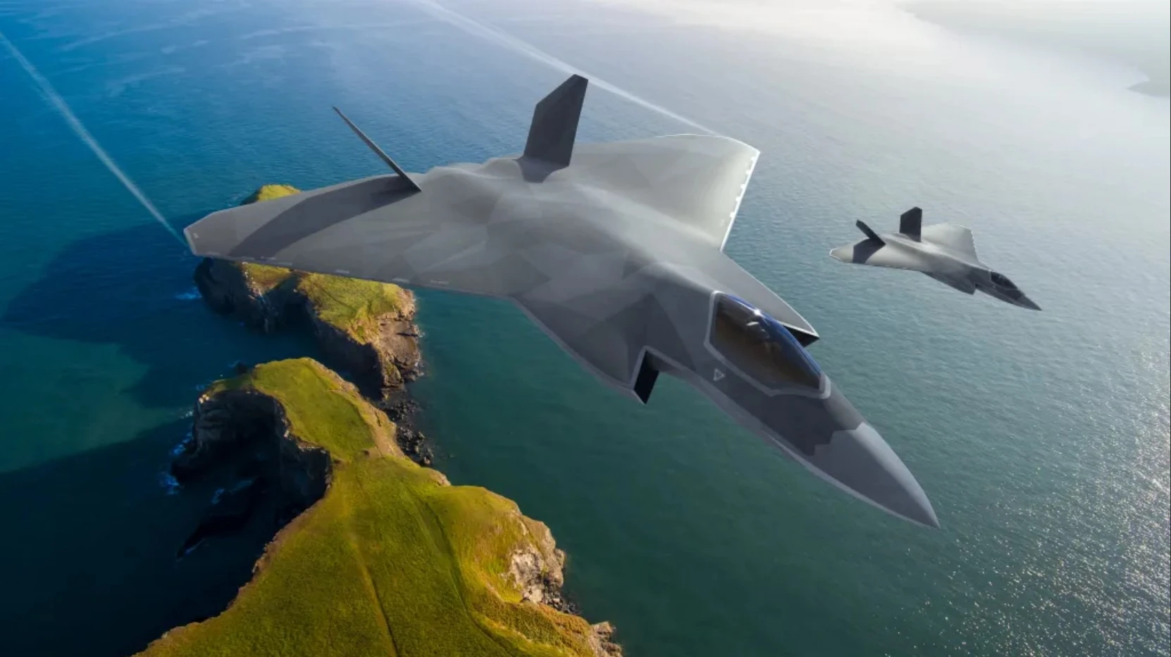 Зображення пари літаків Tempest найновішої конфігурації, що пролітають над узбережжям Великої Британії. Візуалізація: BAE Systems Air