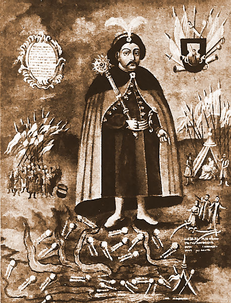 Богдан Хмельницький з полками (позначені булавами) (малюнок XVIII ст.)