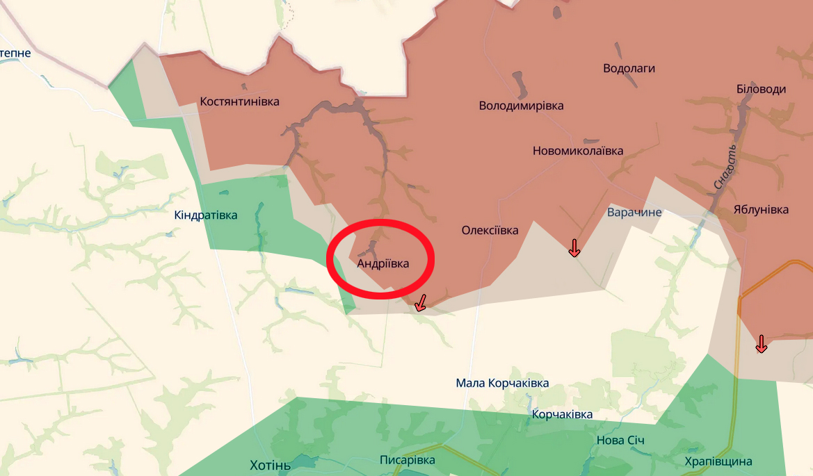 Андріївка на півночі Сумської області на карті https://deepstatemap.live/ позначена як захоплена російськими окупантами. Речник 8 корпусу ДЩВ ЗСУ це спростовує.