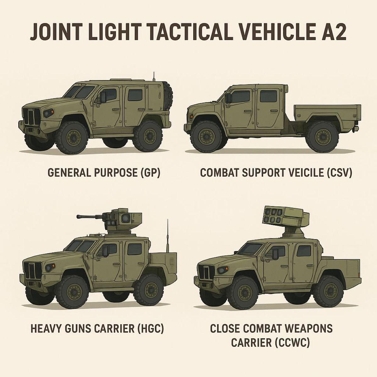 JLTV A2 є платформою сімейства FoV (Family of Vehicles) і може випускатися у кількох конфігураціях