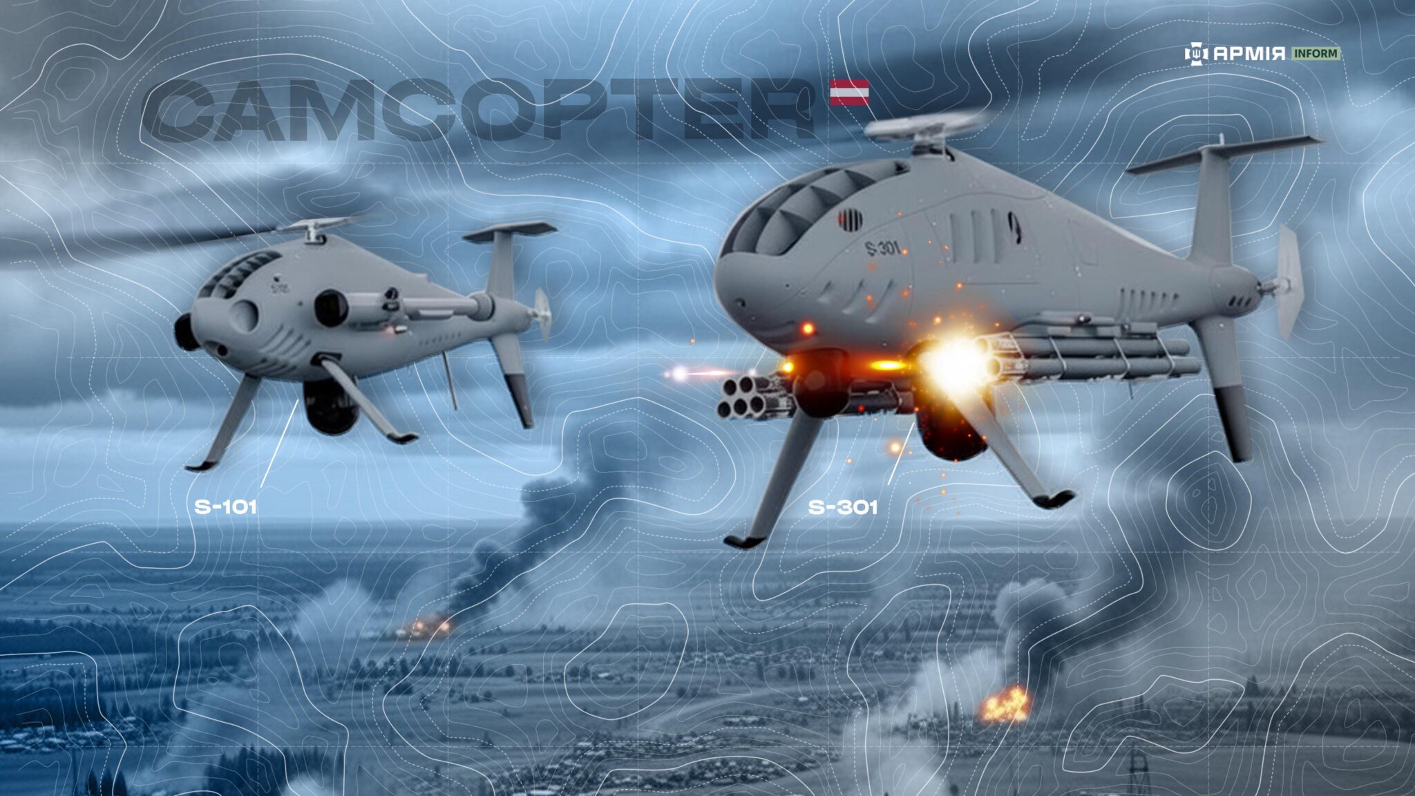 Інформаційна графіка про безпілотні вертолітні системи Camcopter S-101 та S-301 над полем бою.