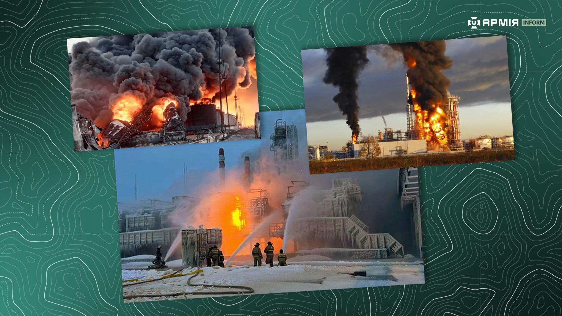 Колаж із фотографіями пожеж на стратегічних об'єктах паливної інфраструктури противника.