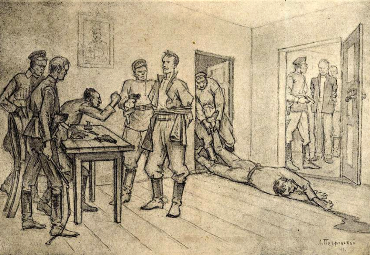 Чорно-білий рисунок сцени допиту або обшуку в кімнаті, де військові оточили чоловіка біля столу. На підлозі лежить зв’язаний або поранений чоловік, а у дверях видно ще двох людей.