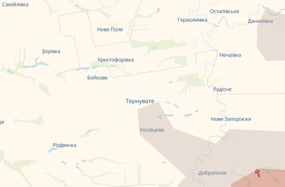 Скрін з мапи DeepState з населеним пунктом Тернувате на Запоріжжі.