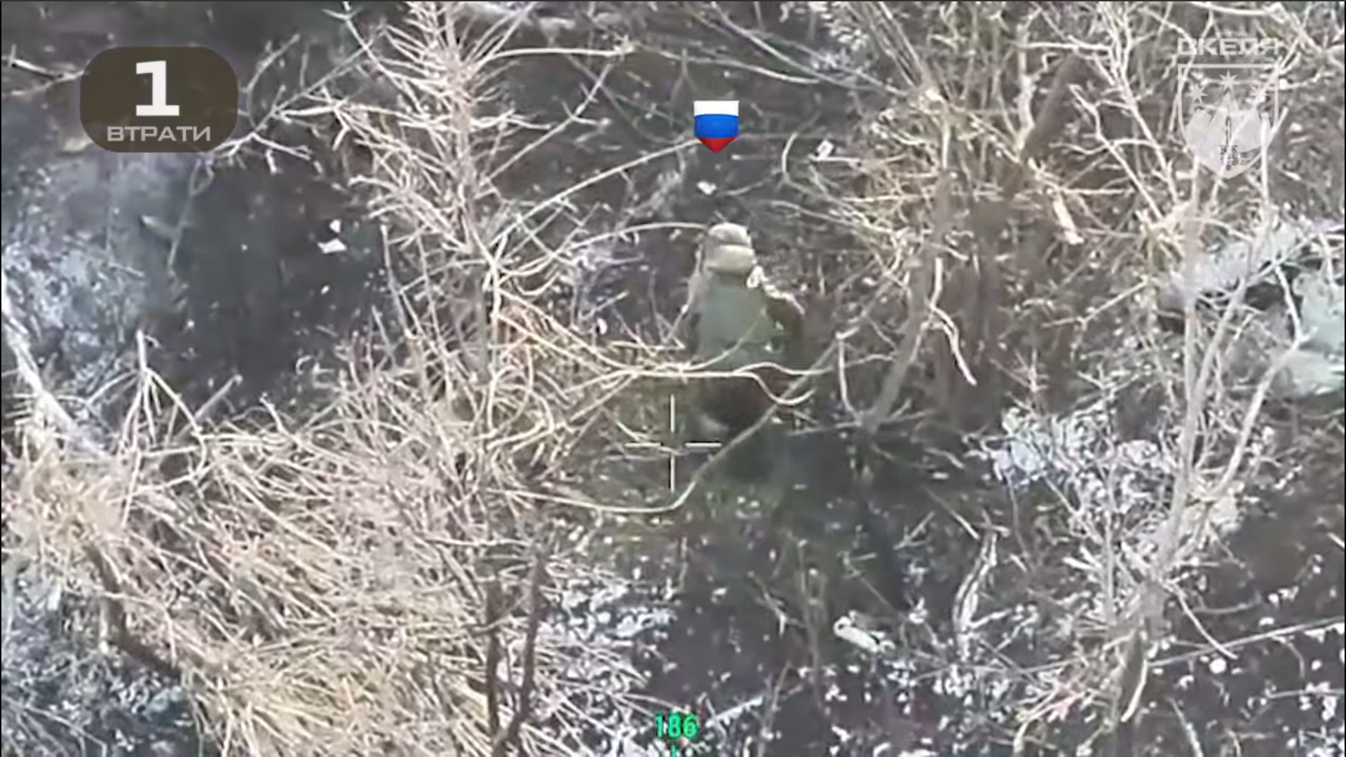 Ворожий солдат стоїть рачки у кущах