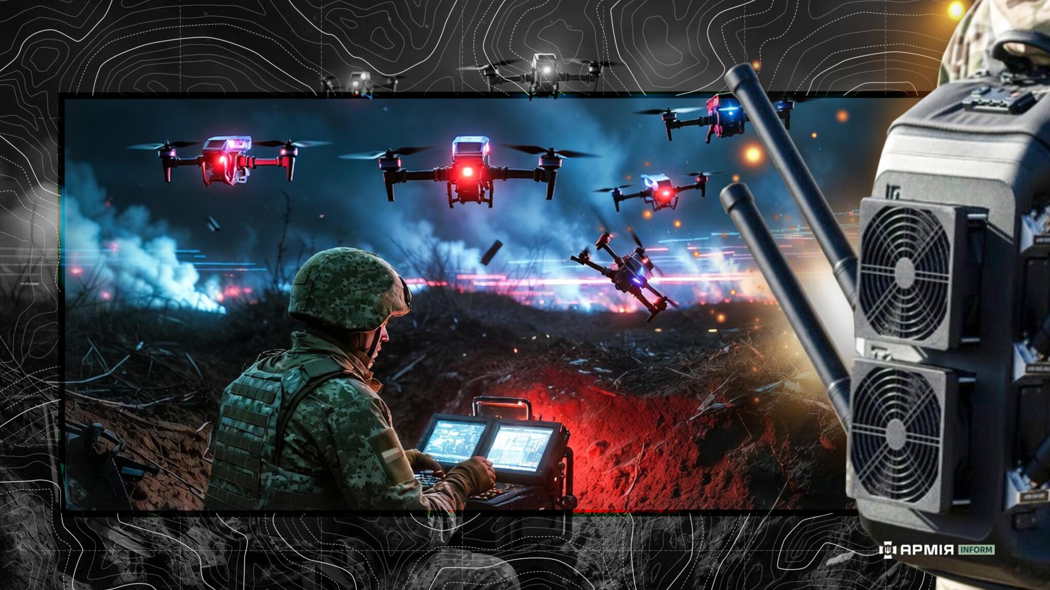 В умовах нинішніх військових конфліктів країни НАТО можуть програти війну дронів без системного РЕБ. Колаж Сергія Поліщука / АрміяInform