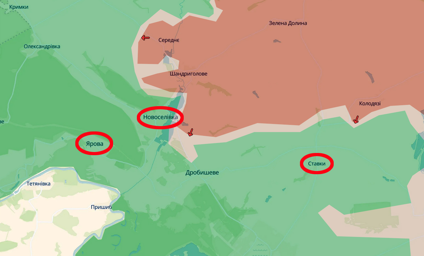 На карті показано лінію фронту з позначеними населеними пунктами, серед яких виділені Новоселівка, Ярова та Ставки. Зеленим і червоним кольорами позначені контрольовані території, а стрілками вказано напрямки можливого просування.