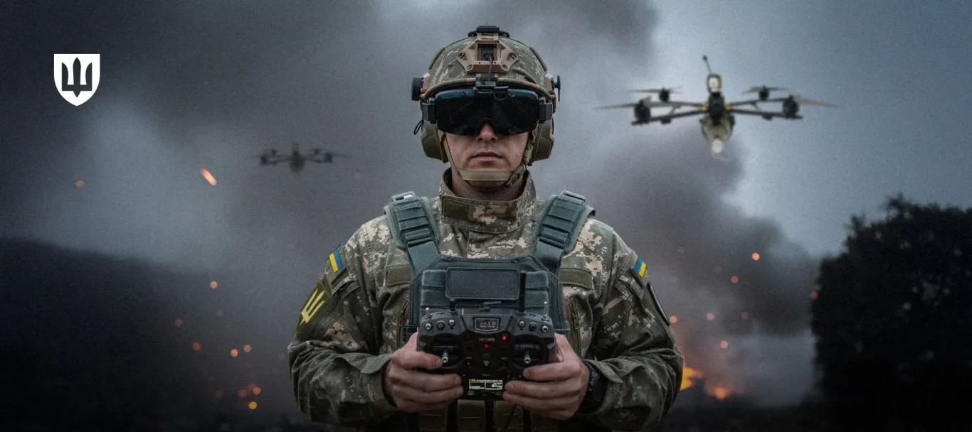 Колаж на якому дронщик в засобах захисту тримає пульт керування дрону