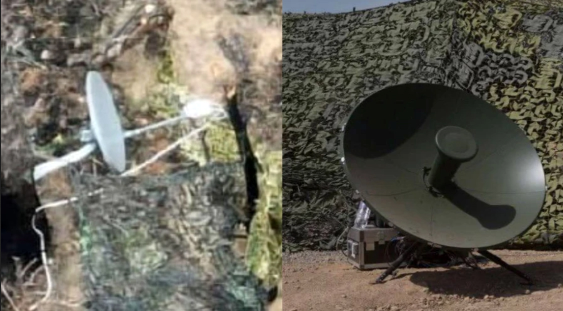 На зображенні показано дві супутникові антени зв’язку: зліва — невелика польова антена, закріплена на імпровізованій конструкції серед маскувальної сітки, справа — більша стаціонарна параболічна антена на штативі. Такі пристрої використовують для супутникового інтернету або передачі даних у польових умовах.