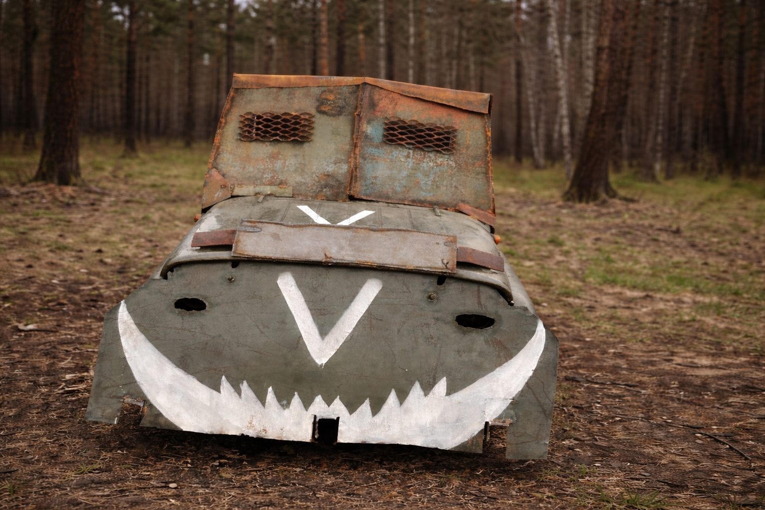 Імпровізована бронемашина стоїть на лісовій дорозі серед сосен у лісопосадці. Передню частину техніки закрито саморобними металевими листами з прорізами та решітками, на броні намальовано білу літеру V і стилізовану пащу з гострими зубами, що надає машині агресивного вигляду.