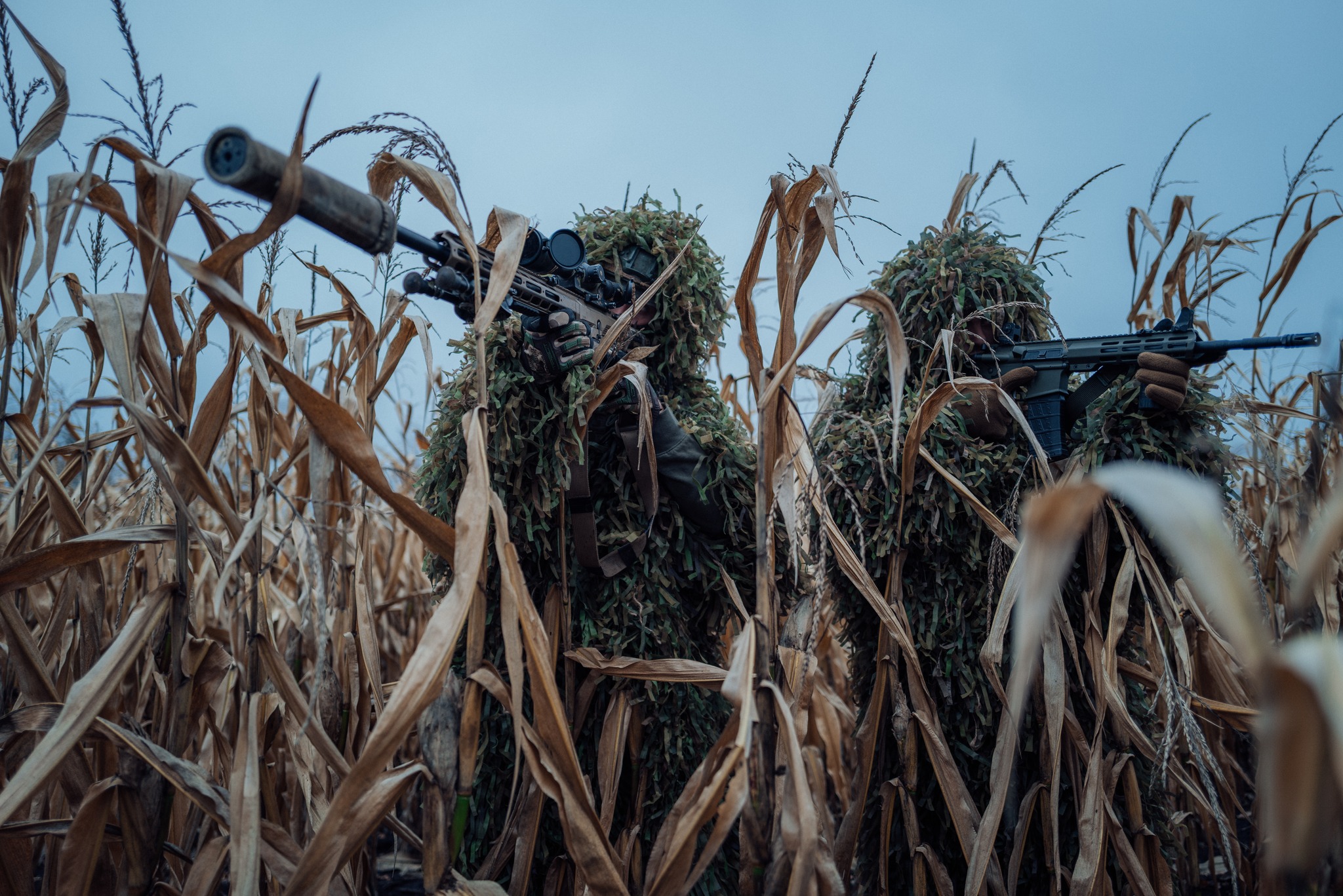 Серед сухих стебел кукурудзи стоять двоє військових у маскувальних костюмах із гіллястим покриттям, що зливаються з навколишнім середовищем. Вони тримають гвинтівки з оптикою та уважно вдивляються вперед, перебуваючи в засідці.