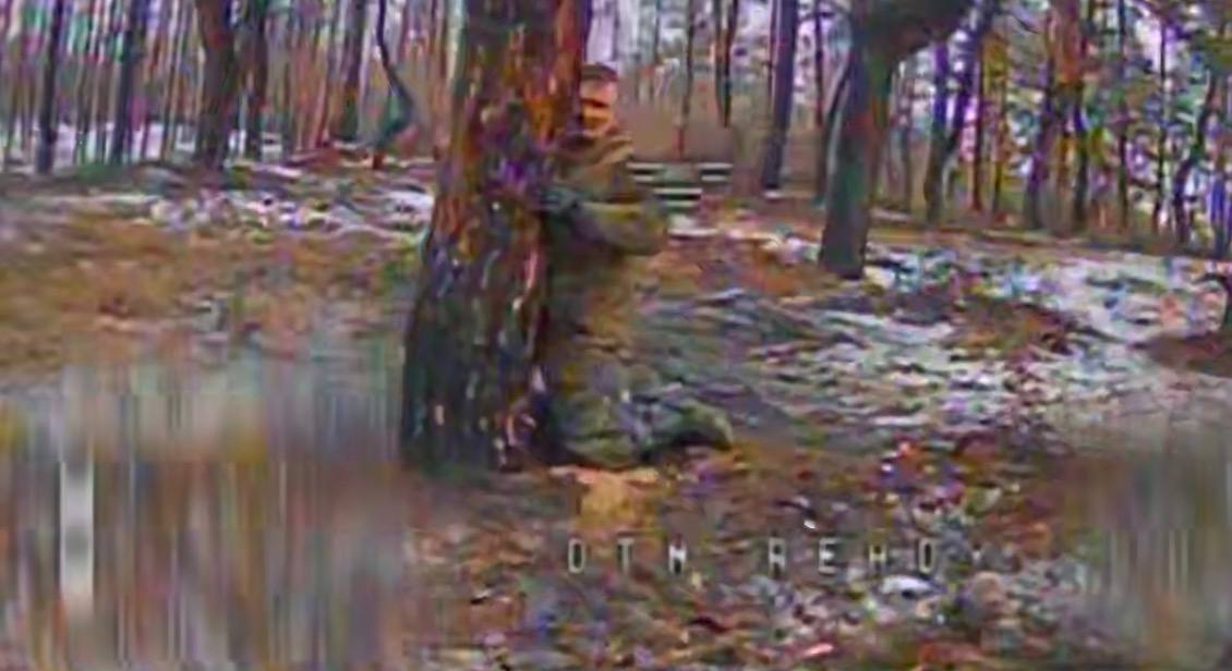 Дрон атакує окупанта, який стоїть на колінах обіймаючи дерево.