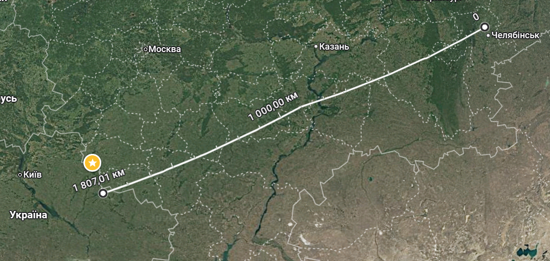 Мапа з відстанню до російського міста Челябінськ