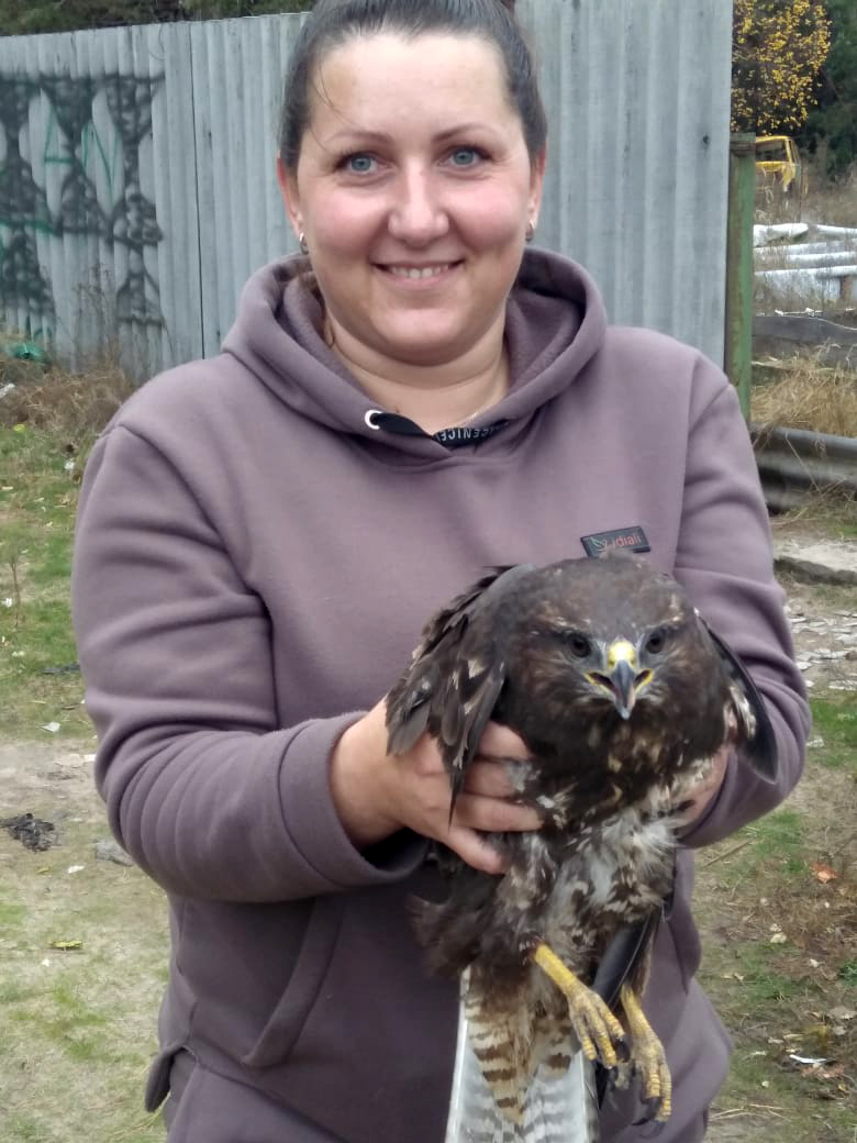 Жінка у цивільному одязі тримає хижого птаха, демонструючи турботу про природу або участь у порятунку дикої фауни. Фото розкриває її не лише як військову, а і як людину з уважним ставленням до живих істот.