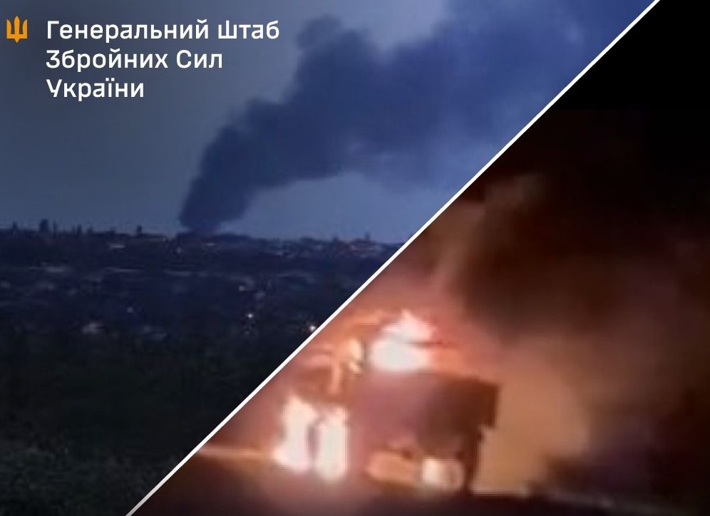 Колаж з двох фото на яких стовп чорного диму та техніка у вогні