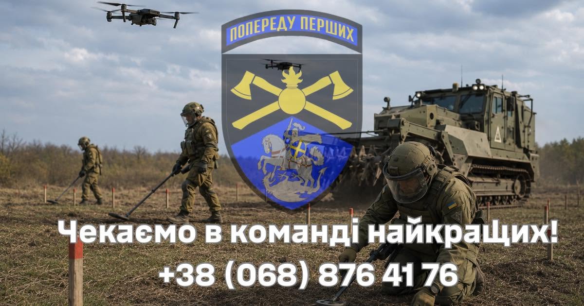 Військові сапери працюють у полі поруч з інженерною технікою, а над місцевістю здіймаються дрони. Композицію доповнюють емблема підрозділу, гасло «Попереду перших» і заклик приєднуватися до команди найкращих.