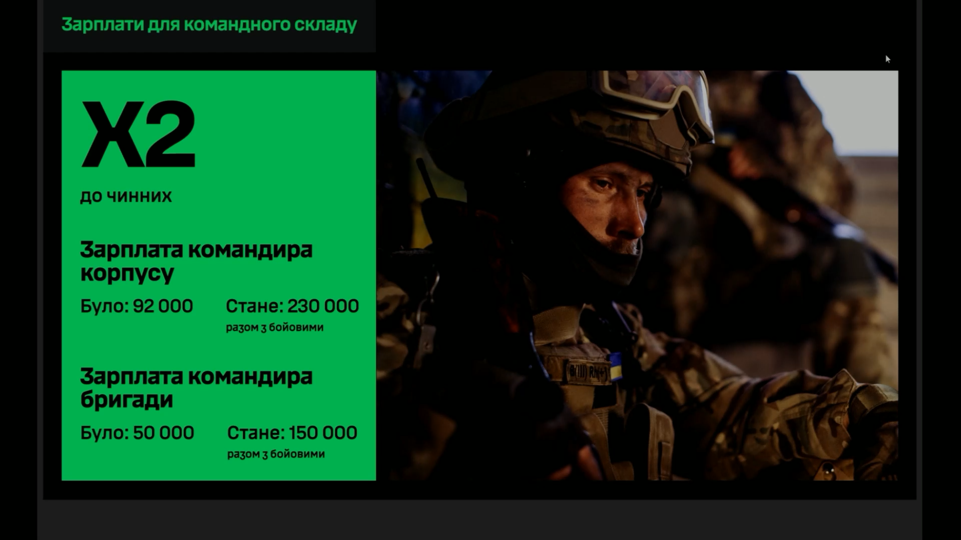 Слайд з грошовим забезпеченням командирів бригад та корпусів