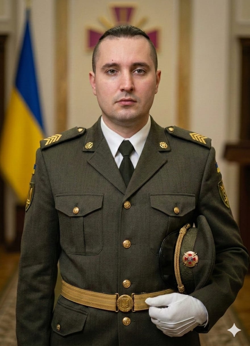 Чоловік у парадній військовій формі позує в урочистій обстановці на тлі українського прапора. Він тримає кашкет у руці, а вираз обличчя виглядає стриманим і серйозним.