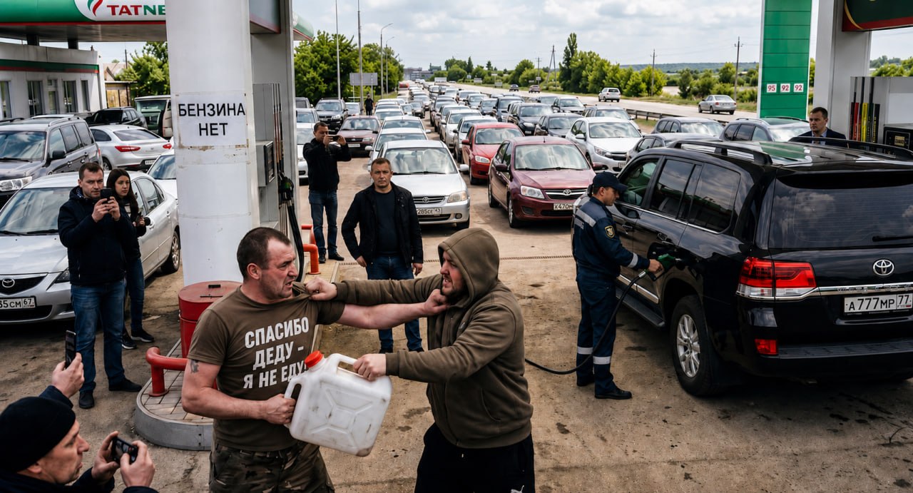 Росіяни б'ються на АЗС. Зображення згенеровано ШІ