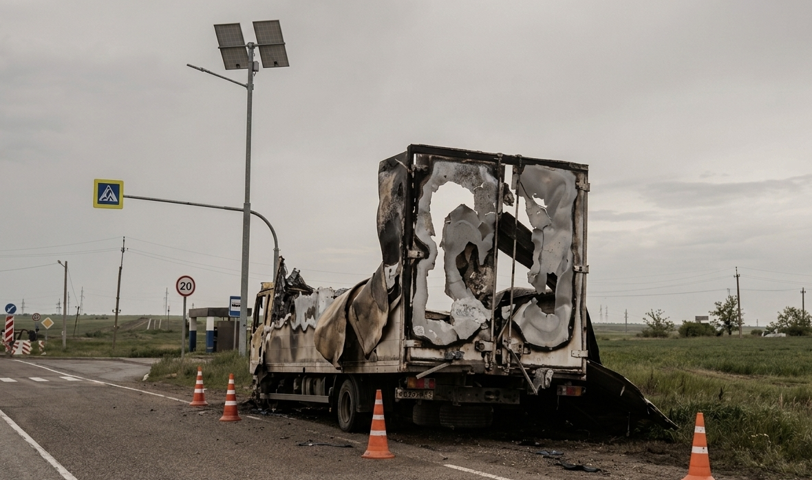 Спалена вантажівка стоїть на узбіччі дороги