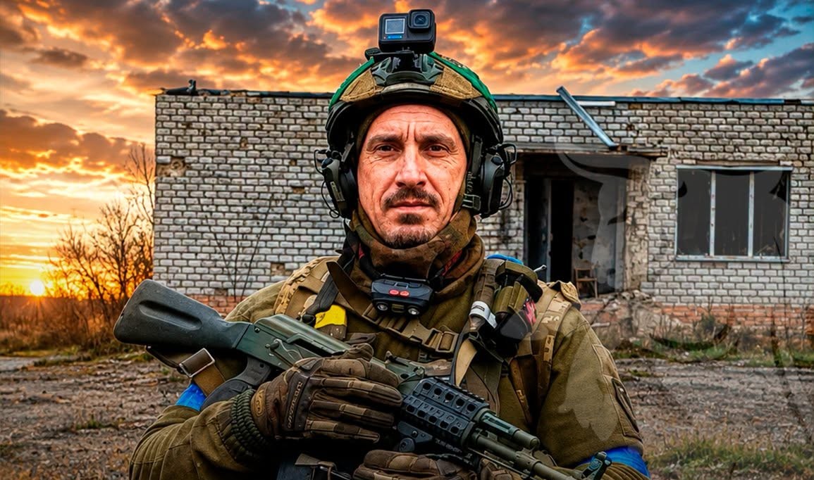 Боєць в шоломі з автоматом в руках