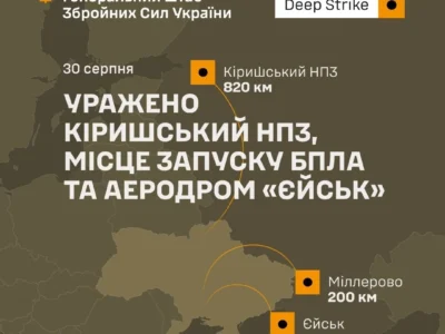 Кіришський НПЗ, аеродром «Єйськ» і місце запуску ударних дронів: Сили оборони уразили три об’єкти в рф